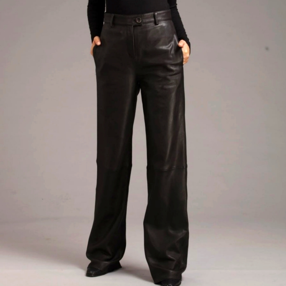 NWT HUDSON JEANS Black Leather Long Wide Leg High Waist Pants sz 25